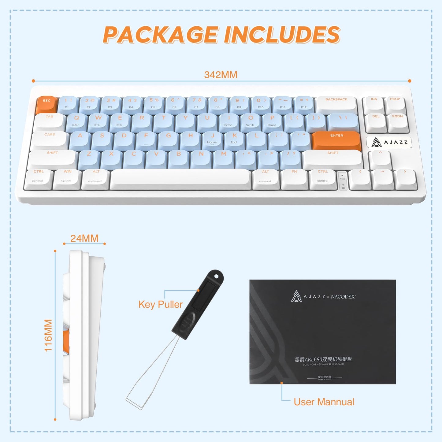 A.JAZZ AKL680 65% Low Profile Wireless Mechanical Keyboard, BT/2.4Ghz Dual Mode 68 Keys Gaming Keyboard with Ultra-Thin Brown Switches for PC/Laptop/Windows/Mac(White/Blue)