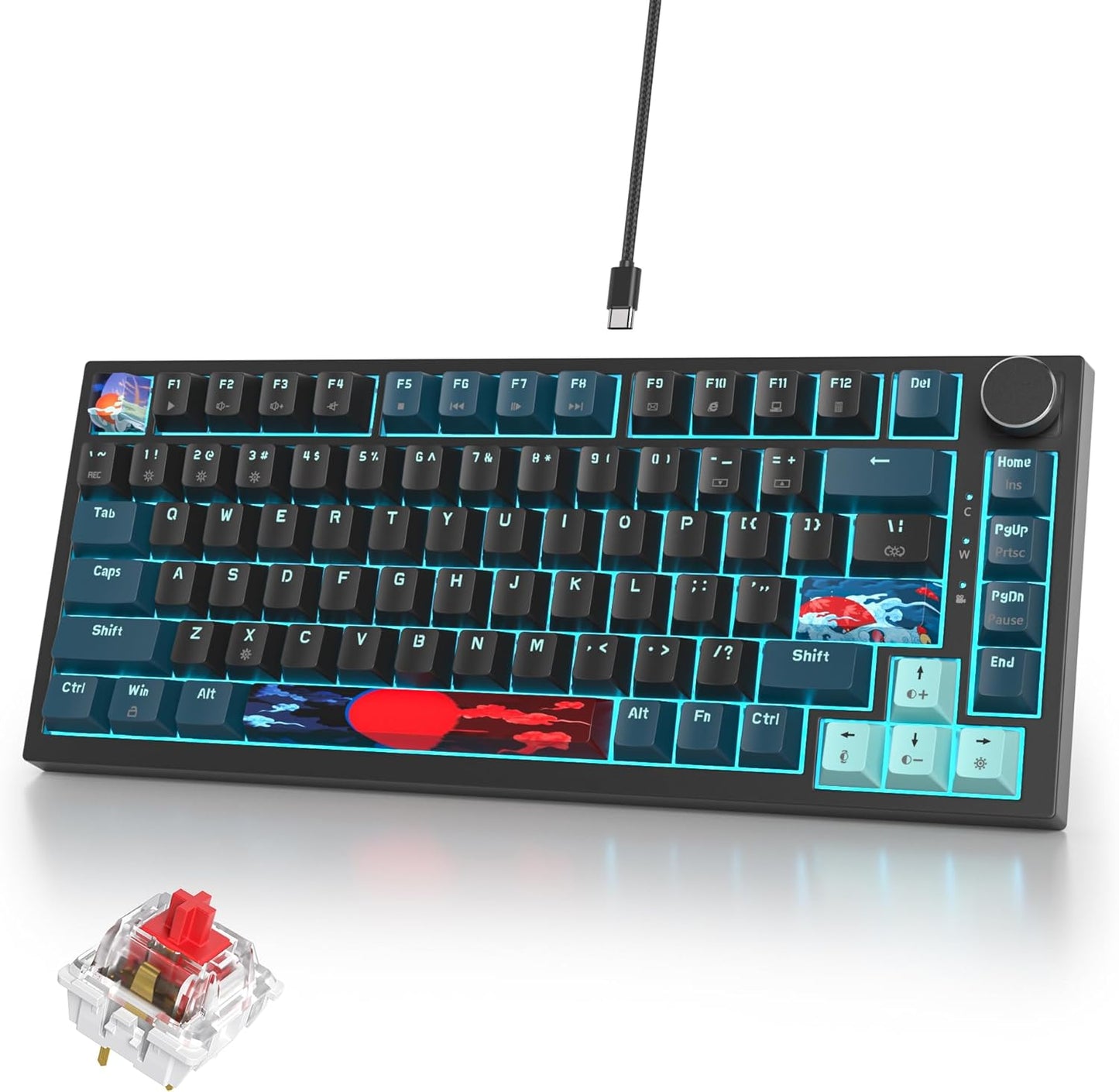75% Mechanical Gaming Keyboard, Hot Swappable RGB Backlit Custom With Knob, Gasket Mount USB Wired, 82 Keys Blue White Linear Red Switch (82 Blue White)