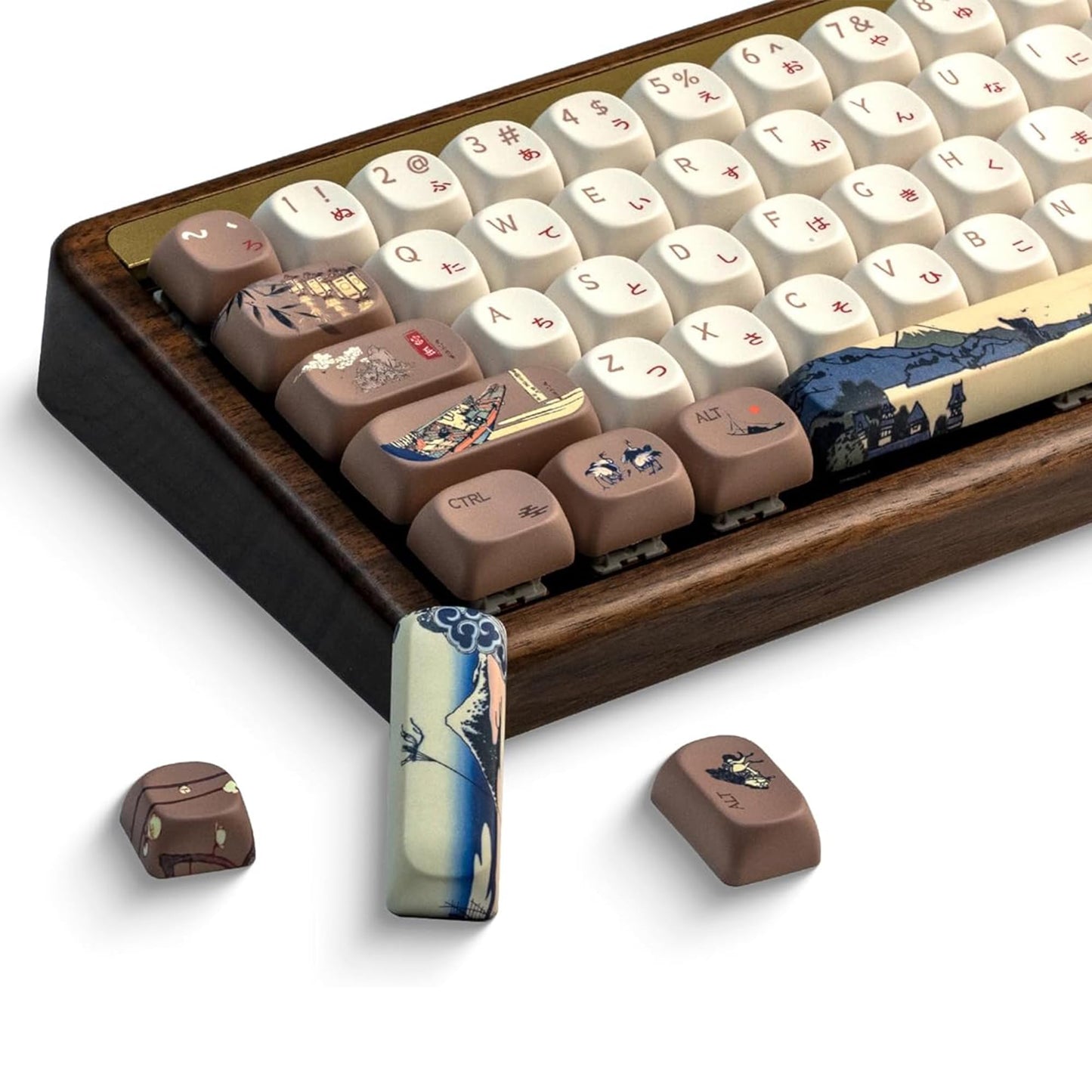 XVX MOA Profile Japanese Fuji Mountain Theme PBT Keycaps Set, 140-Key Coffee & Cream Custom Keycaps for US Layout Mechanical Keyboards (Brown/Beige Design with Key Puller)