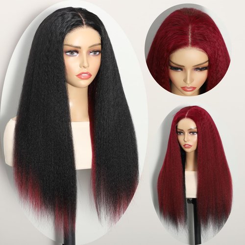 Sogram Wear and Go Glueless Yaki Straight Human Hair Wig Double Wear Wig No Glue Transparent HD Lace Wig 4x4 Kinky Straight Lace Closure Wigs Human Hair 180% Density 22 Inch (Red and Black)