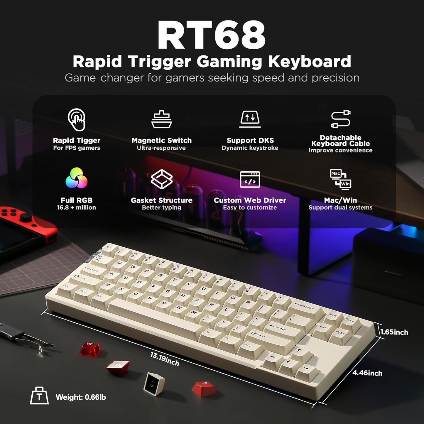 YUNZII RT68 Rapid Trigger Gaming Keyboard,Hall Effect Magnetic Switch,68 Keys,RGB Backlit RGB,Gasket Mount Hot Swap Struture,Adjustable Actuation TKL for Mac/Win(Beige, Outemu Switch)
