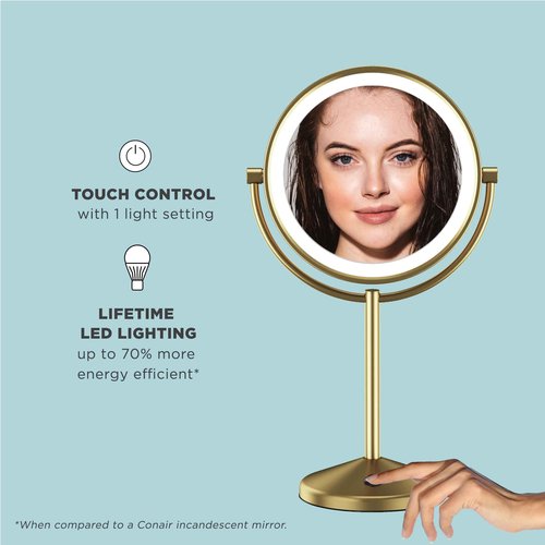 Conair Lighted Makeup Mirror, LED Vanity Mirror, 1X/10X Magnifying Mirror, Double Sided, Battery Operated in Brushed Brass