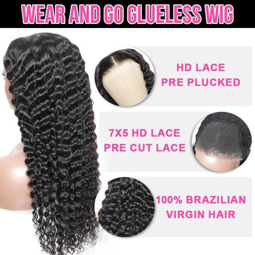 22 Inch Wear and Go Glueless Wigs Human Hair Bye Bye Knots Deep Wave HD 7X5 No Glue Lace Wig, Glueless Wig Pre Plucked, 15s Wear Complete Wear and Go Wig Pre Cut Lace Wig Natural black 200% Density