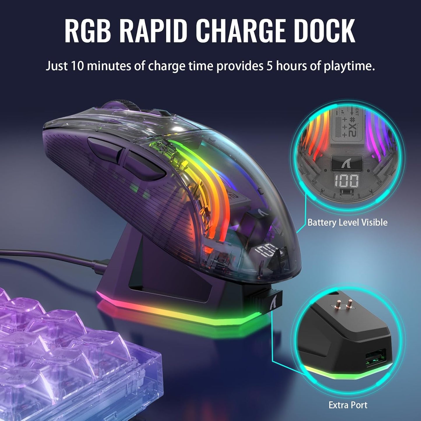 A.JAZZ Wireless Gaming Mouse with Full Transparent,Tri-Mode 2.4GHz/Bluetooth/Wired Mouse,Digital Display,Charging Base,3D RGB Backlit,Silent Mice with 7 Buttons,Wireless Mice for Laptop,PC,Mac(White)