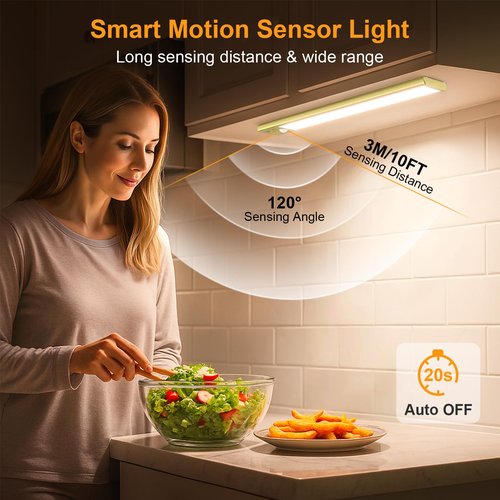 Gritin 10.2inch Under Cabinet Lighting Rechargeable -84 LED Super Bright,3-Color& 5 Level Brightness,4 Modes,Motion Sensor, Long Lasting- Easy Installation Magnetic Closet Lights -2 Pack-Gold