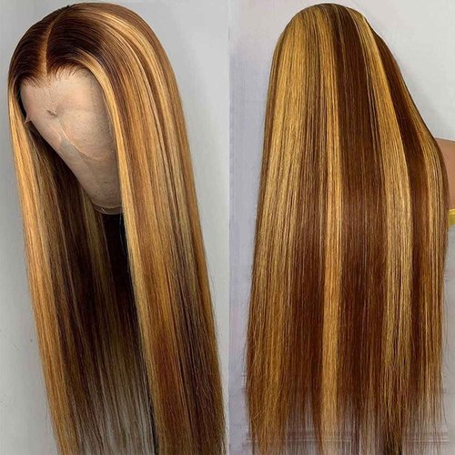 250% Density Highlight Ombre Lace Frontal Wig 13x6 Human Hair Honey Blonde HD Lace Front Wig Pre Plucked with Baby Hair brown 4/27 Colored Straight Lace Front wig Glueless for Women Natural Hairline