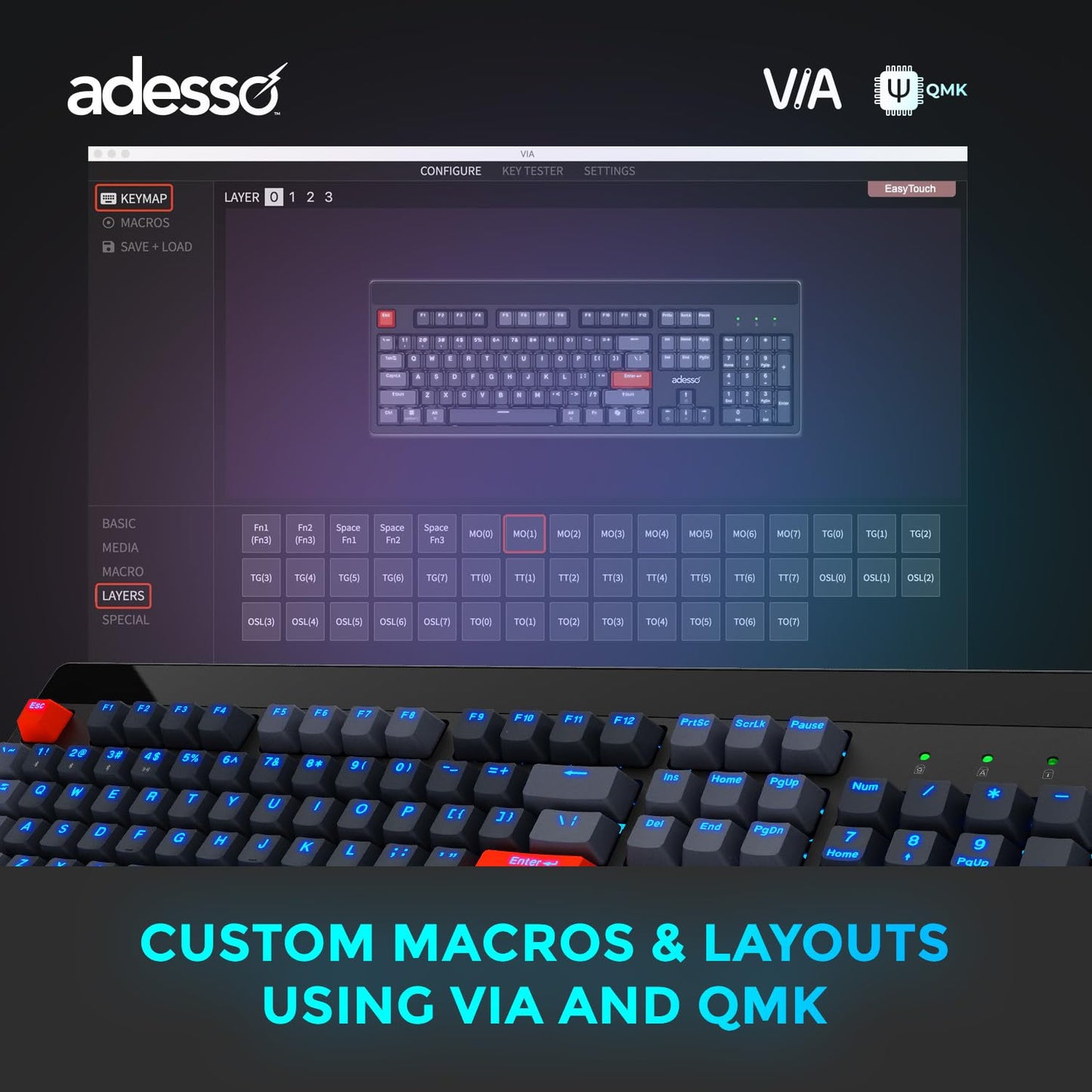ADESSO Easytouch 1300 Mechanical Keyboard RGB Illuminated Hot Swappable Red Switches Wired Wireless Bluetooth Gaming Keyboard with Copilot AI Hotkey for Windows Mac