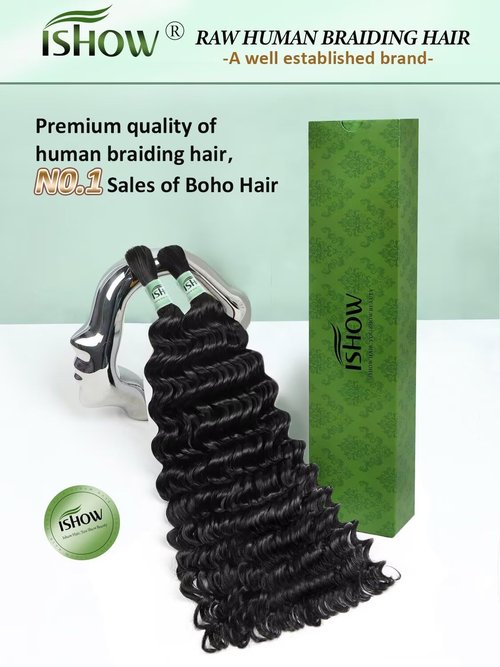 ISHOW Raw Human Braiding Hair, 100% Unprocessed Virgin Human Hair, 15A Deep Wave Boho Hair, 100g 14 Inch (2 Packs), NO.1 Premium Quality Boho Hair Producer, Long Lasting, Color 1B
