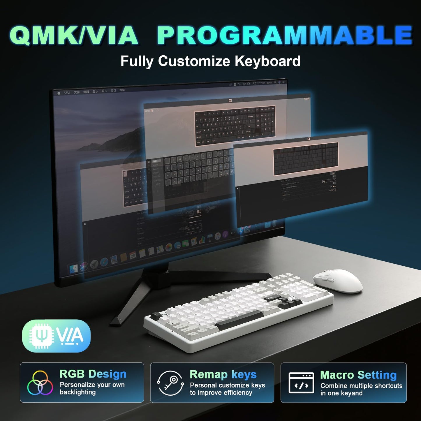 YUNZII AL98 QMK/VIA Wireless Mechanical Gaming Keyboard,Full Aluminum,BT/2.4G/USB-C, Pre-Lubed Hot Swappable Gasket Mount 1800 Layout,RGB Backlit for Win/Mac (White, Milk Switch)