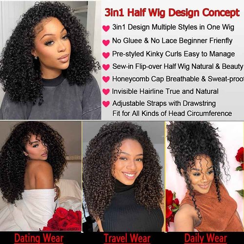 Curly Half Wig 200% Density Kinky Curly Half Wig 3 In 1 Seamless Flip Over Glueless Wigs with Drawstring Beginner Friendly Curly Wig Headband Wig for Women Daily Wear