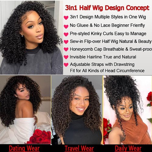 Curly Half Wig 200% Density Kinky Curly Half Wig 3 In 1 Seamless Flip Over Glueless Wigs Human Hair with Drawstring Beginner Friendly Curly Wig Headband Wig for Women Daily Wear