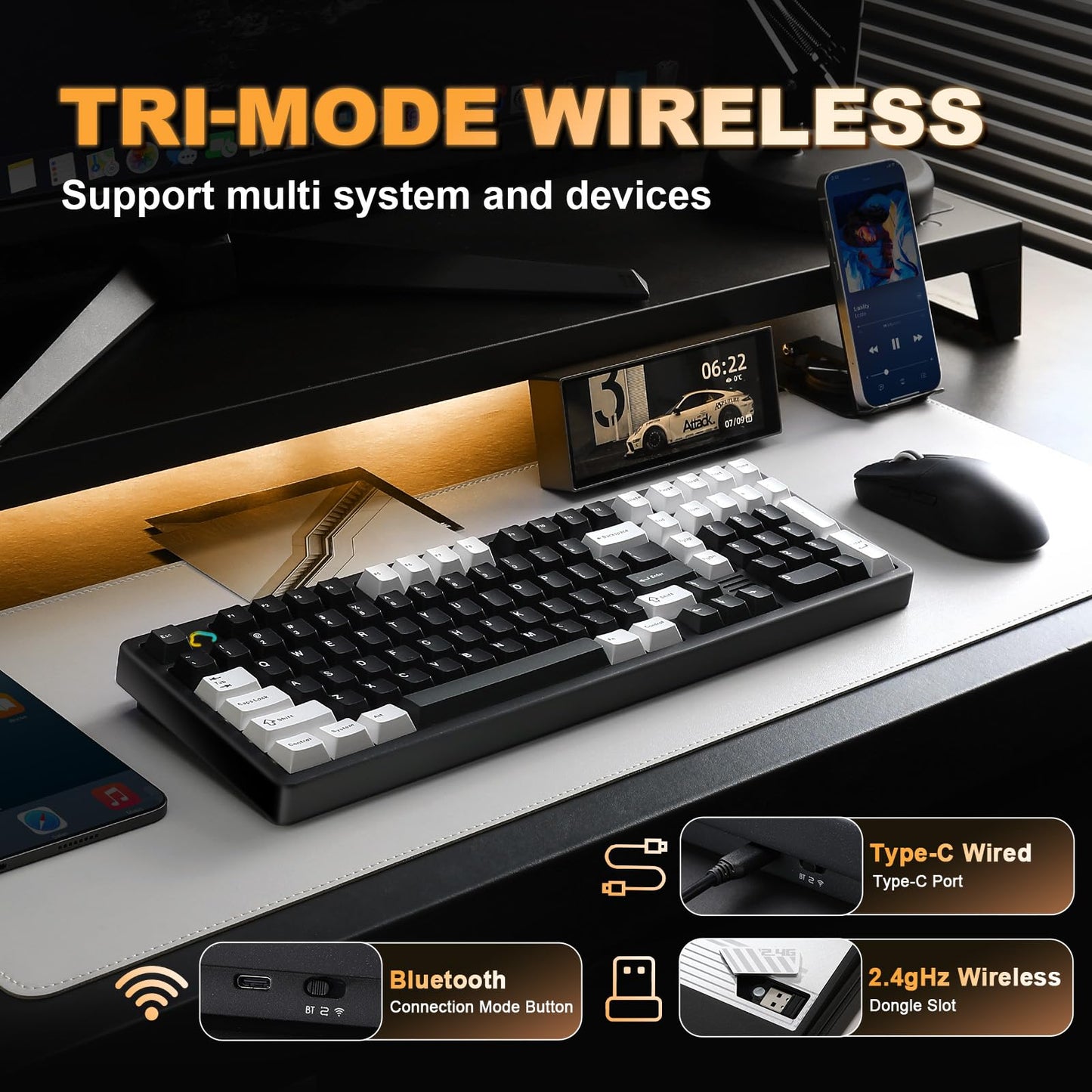 YUNZII AL98 QMK/VIA Wireless Mechanical Gaming Keyboard,Full Aluminum,BT/2.4G/USB-C, Pre-Lubed Hot Swappable Gasket Mount 1800 Layout,RGB Backlit for Win/Mac (Black, Milk Switch)