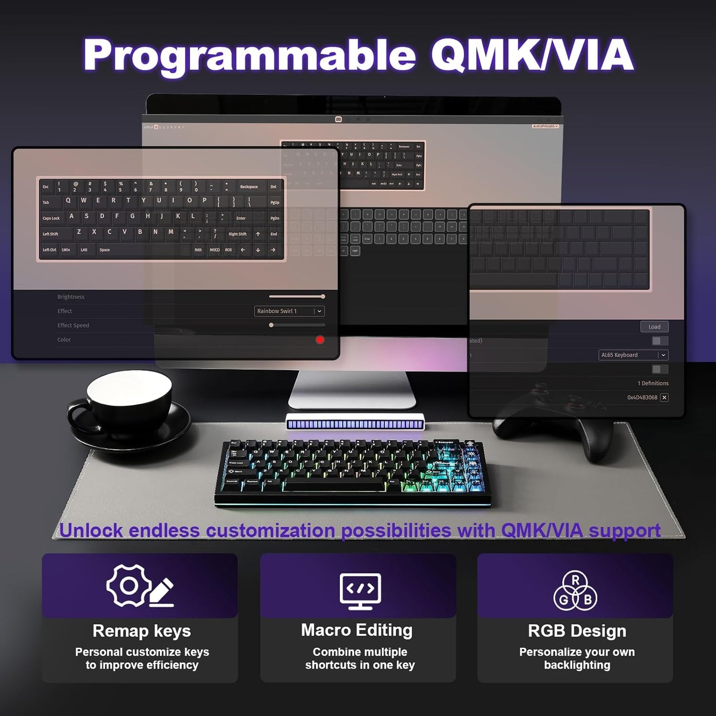 YUNZII AL65 Wireless Mechanical Keyboard, Full Aluminum CNC,Support QMK/VIA Software Gasket Structure,60% Hot Swappable with RGB Backlit BT/2.4G/USB-C for Mac/Windows(Black, Milk V2)