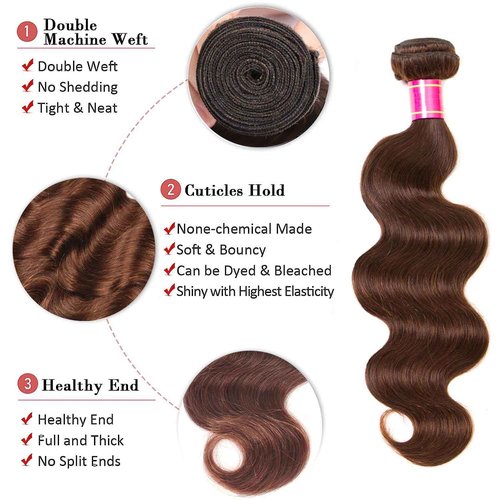 QXRM Body Wave Bundles Human Hair - 12A Brazilian Virgin Human Hair Bundle Double Weft Weave 100G Unprocessed Weave Medium Brown Body Wave (4#, 12 14 16)
