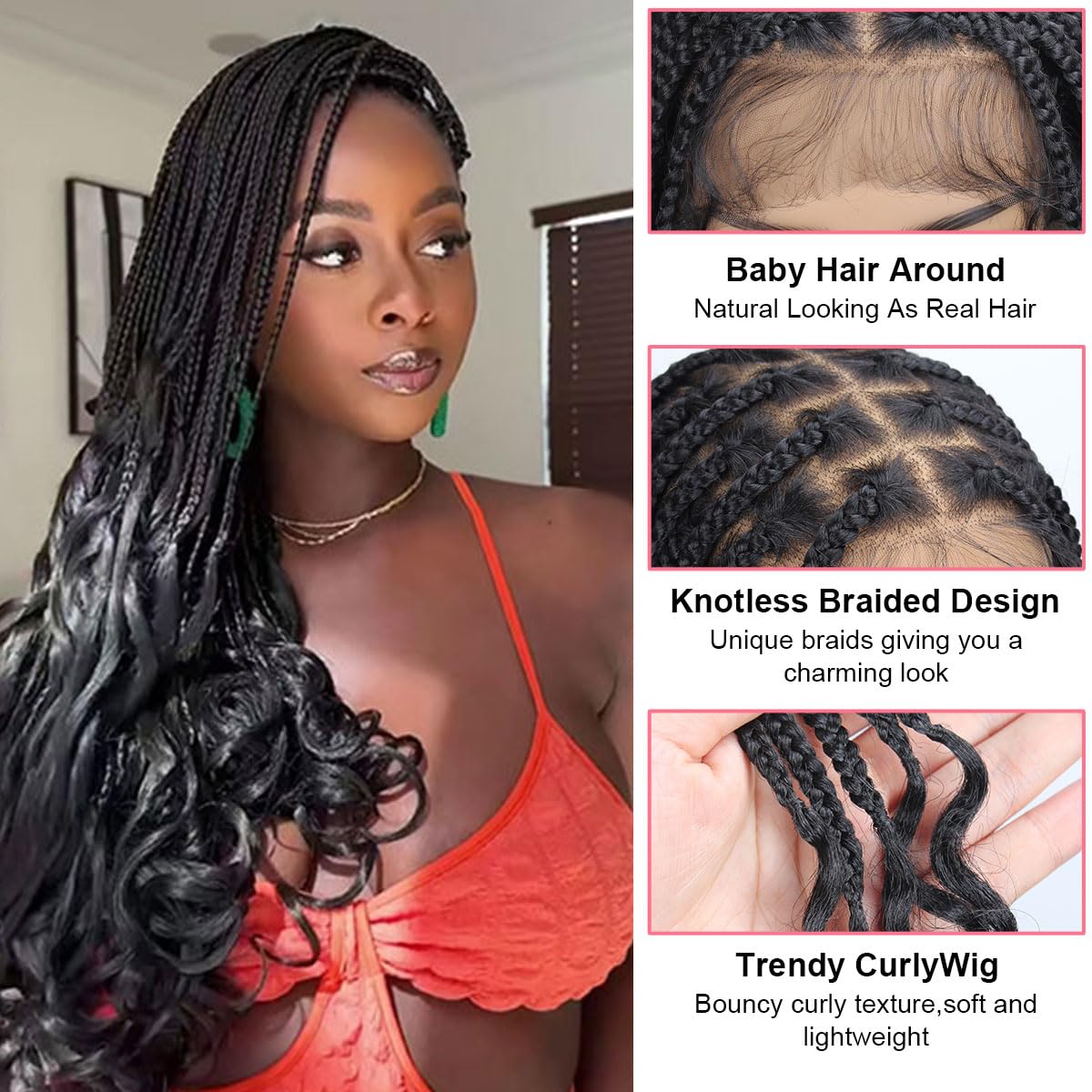 lounoke 36 Inch Braided Wigs With Curly Ends, 360 Single Full Lace French Curl Braided Wigs for Black Women Knotless Box Braid Wig with Baby's Hair