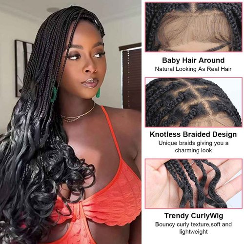 lounoke 36 Inch Braided Wigs With Curly Ends, 360 Single Full Lace French Curl Braided Wigs for Black Women Knotless Box Braid Wig with Baby's Hair