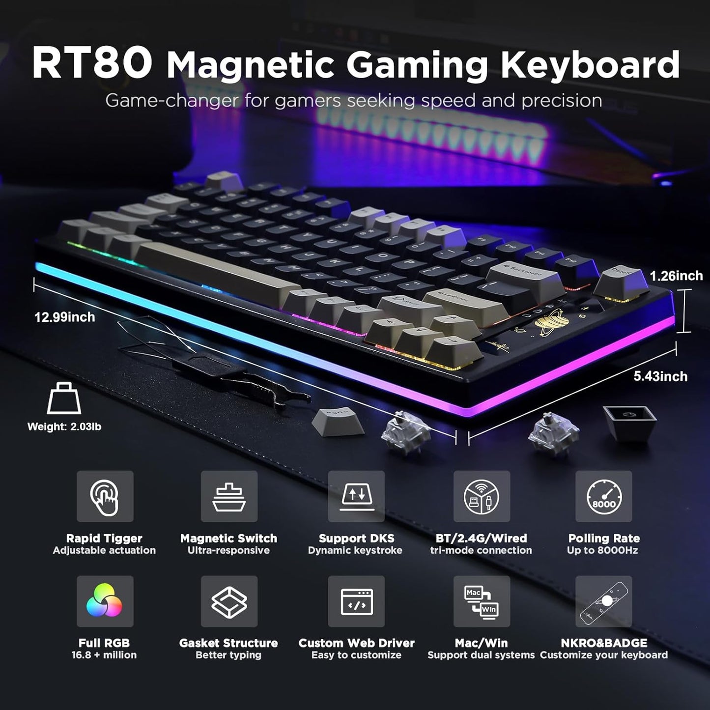 YUNZII RT80 Rapid Trigger Hall Effect Magnetic Gaming Keyboard, 8K Polling Rate, 75% Layout,BT/2.4GHz/Wired,RGB Backlit,Hot Swap,Adjustable Actuation Wireless for Win/Mac(Black, Gateron White)