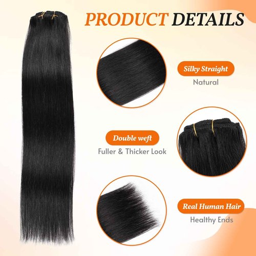 VKHAIR Clip in Hair Extensions Real Human Hair 20 inch, 8Pcs/120g Human Hair Clip in Extensions, Seamless Clip in Hair Extensions Human Hair #1 Jet Black, 20 Inch