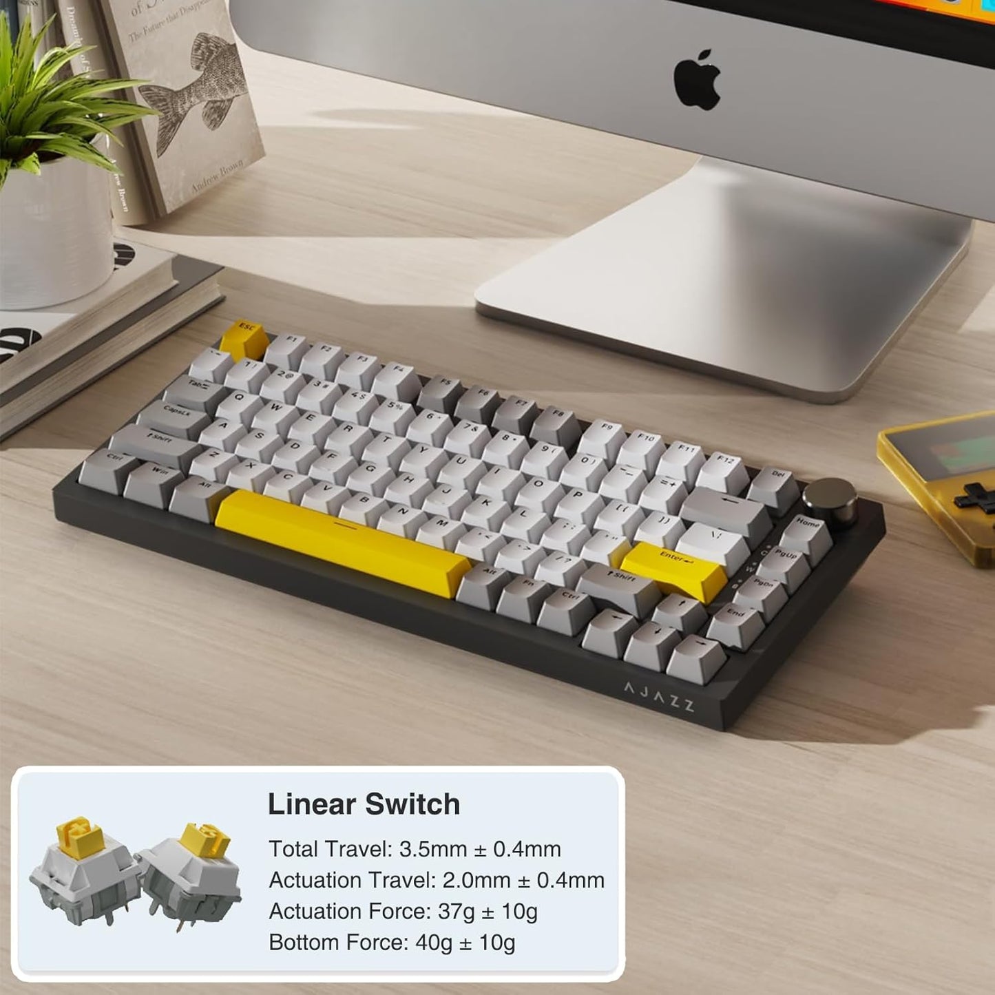 AJAZZ AK820 Pro 75% Gasket RGB Wireless Mechanical Keyboard with TFT Screen, Volume knob, Bluetooth/2.4G/Wired 3-Modes, Compact 82 Hot-Swap Keys, Tricolor PBT Keycap, 4000 mAh (Gray&Yellow 3-Modes)