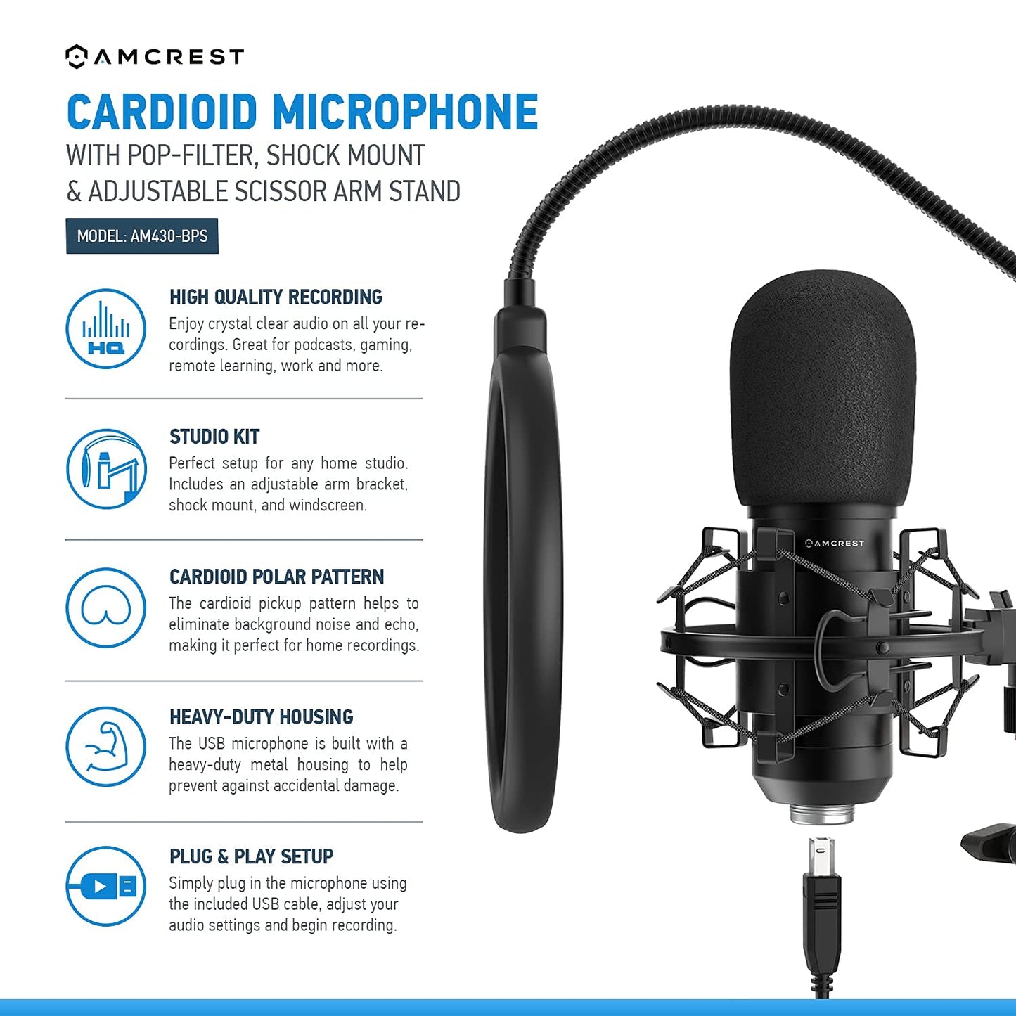 Amcrest 1080P Webcam with Privacy Cover & Omnidirectional Microphone, Web Cam USB Camera, Computer HD Streaming Webcam for PC Desktop & Laptop, Boom Arm, Pop-Filter, Shock Mount (AM430-BPS-AWC201-B)