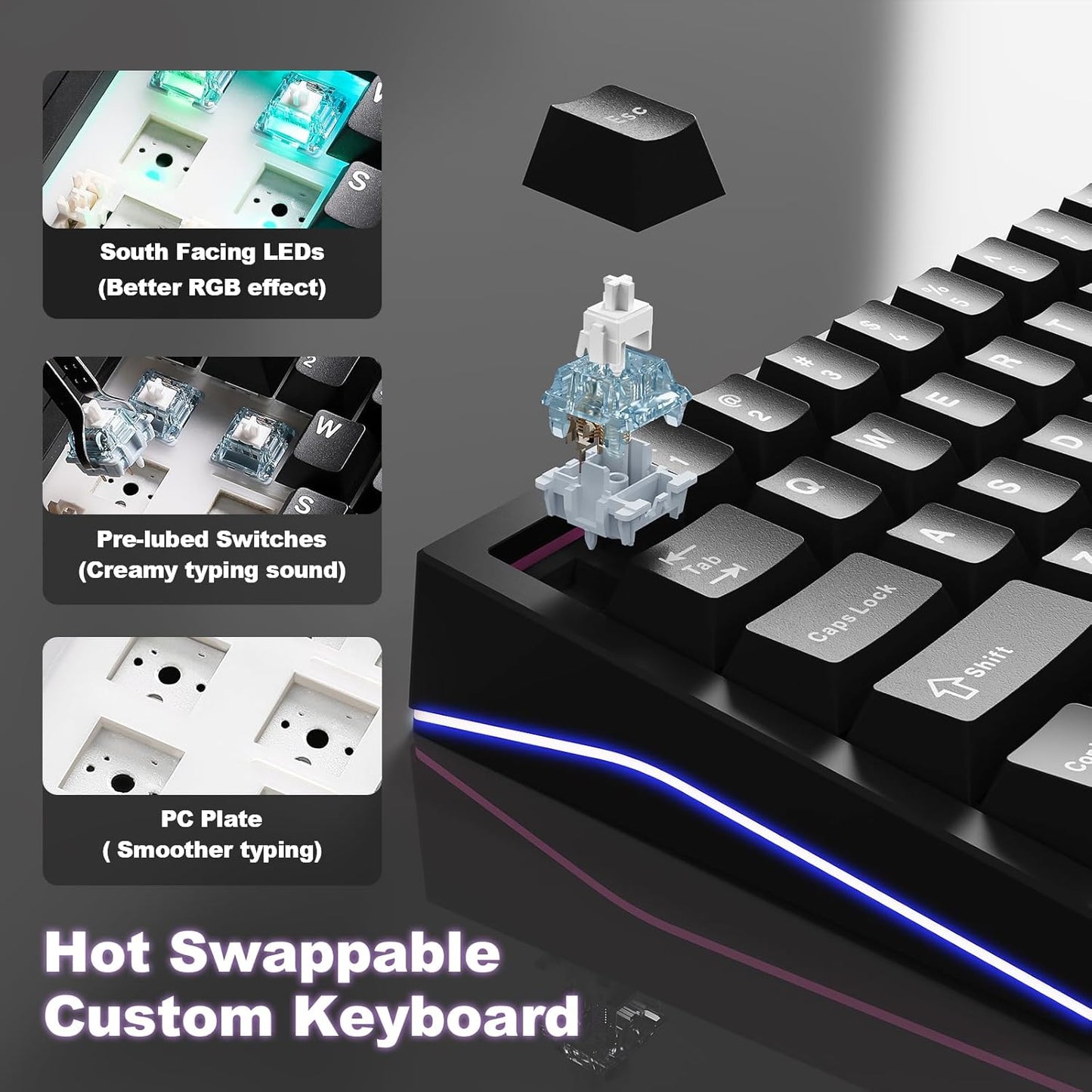 YUNZII AL65 Wireless Mechanical Keyboard, Full Aluminum CNC,Support QMK/VIA Software Gasket Structure,60% Hot Swappable with RGB Backlit BT/2.4G/USB-C for Mac/Windows(White, Gateron Zero)
