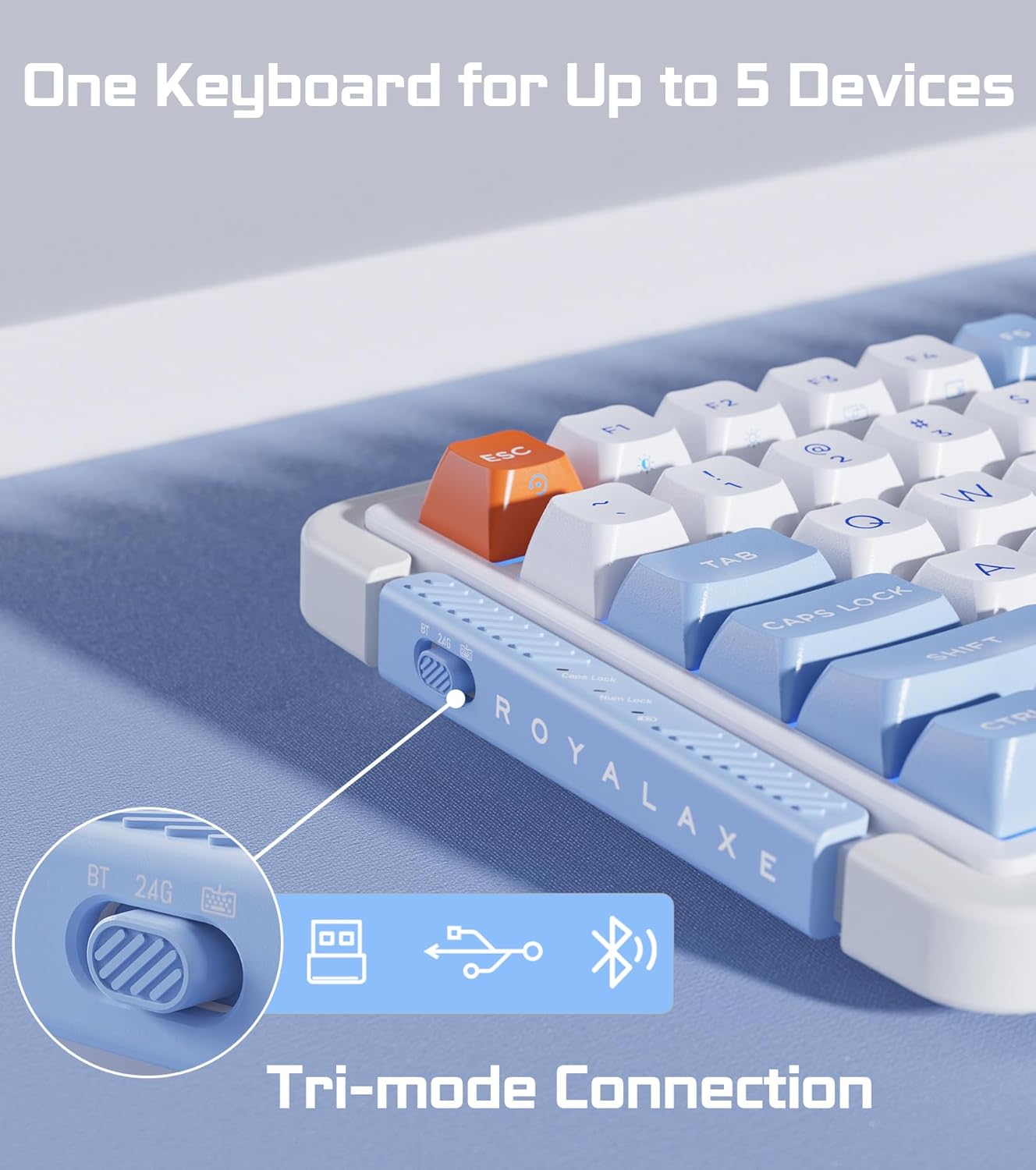 75% Wireless Mechanical Keyboard, Hot-swappable Wired/Bluetooth 5.0/2.4G Wireless Keyboard with RGB Light for Windows & Mac, PBT Keycaps, TTC Titan Heart Switch, Navy White