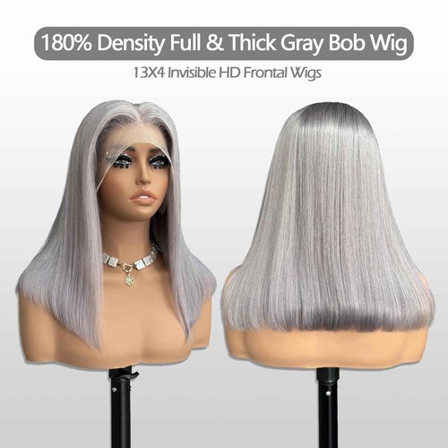 Bestvivid Dark Grey HD Lace Bob wig Straight Human Hair 10inch Pre Plucked Short Cut Peruvian Virgin Hair 180% Density Glueless Gray Bob Wig 13x4 Transparent Lace Middle Part for Black Women