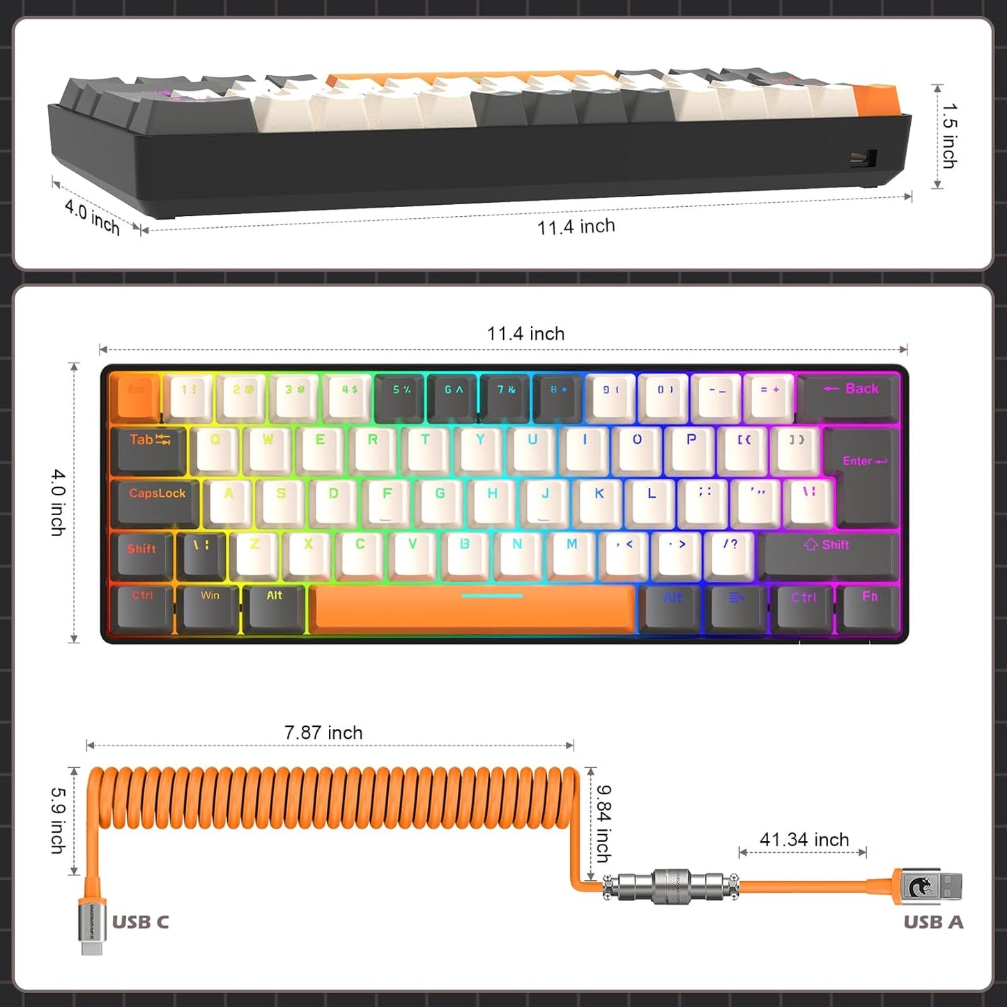 ZIYOU LANG RK-T60 Wired Mechanical Gaming Keyboard and Mouse Combo Portable with Rainbow Backlit 62Key NKRO 6400DPI RGB Honeycomb Mice Coiled Aviator Cable for PS4/PC/WIN Gamer(Light Gray/Red Switch)