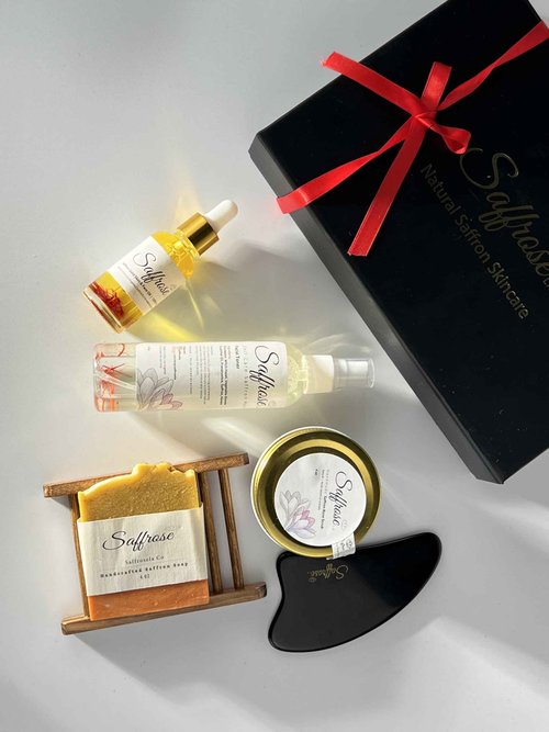 SaffroseLA Handmade Saffron Skincare Gift Set, 5pc including Saffron Soap, Bamboo Soap Dish, Saffron Scrub, Saffron & Rose Facial Toner, Facial Oil, & Gua Sha