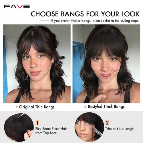 FAVE 14 Inches Human Hair Wig with Bangs Natural Wave Wig with Bangs Realistic 1×3 HD HD Lace Top,Natural Bangs and Color,Silk Texture
