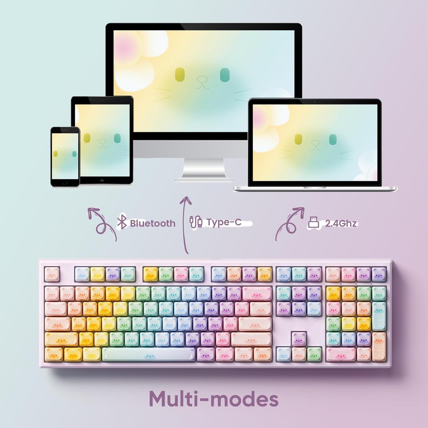 AKKO MG108B Colorful Cats Mechanical Keyboard Hot-Swappable Multi-Mode Gaming Keyboard with PBT Dye-Sub Mao Profile Keycaps Pre Lubed Piano Switch
