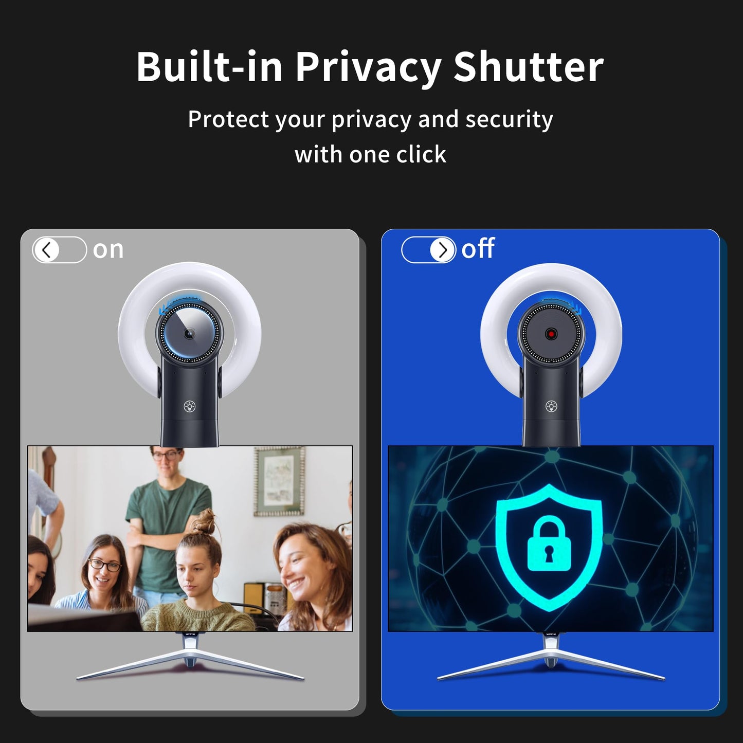 4K Webcam with Light, Web Cam with Speaker, Dual Noise Reduction Plug and Play, Web Camera for Desktop Computer, Auto-Focus, Privacy Protection, Webcam for PC Zoom Skype