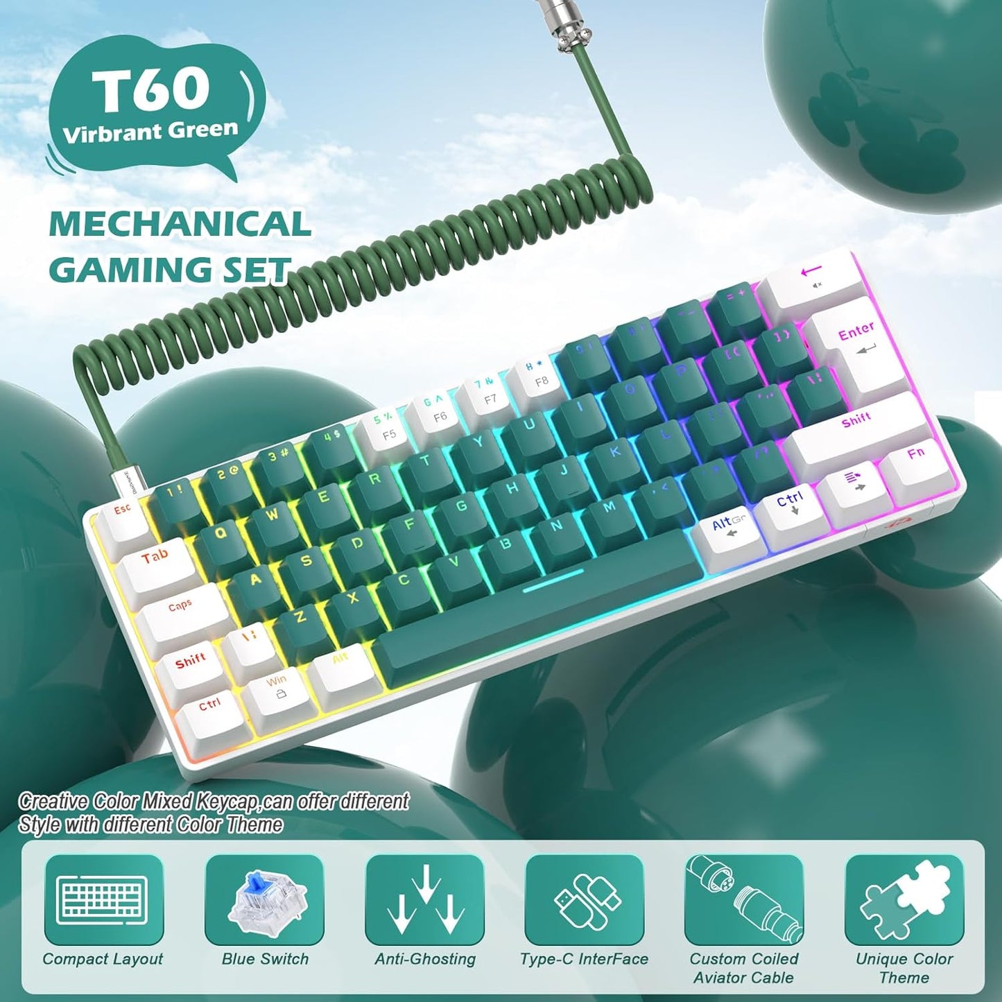 ZIYOU LANG RK-T60 Wired Mechanical Gaming Keyboard and Mouse Combo Portable with Rainbow Backlit 62Key NKRO 6400DPI RGB Honeycomb Mice Coiled Aviator Cable for PS4/PC/WIN Gamer(Light Gray/Red Switch)