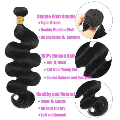 12A Body Wave Human Hair Bundles with Closure (20 22 24+18,Free Part) Closure with 3 Bundles Brazilian Virgin Hair Extensions with Pre Plucked with Baby Hair 5X5 HD Lace Closure Natural Black Color