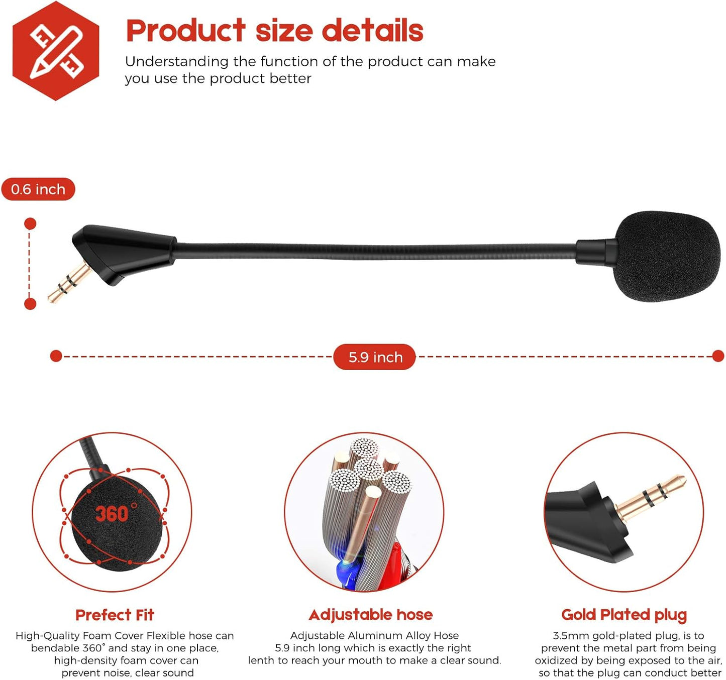 AKKE Cloud Alpha Pro Replacement Mic 2 PCS 3.5mm Detachable Game Microphone Boom Compatible Cloud Alpha S, Alpha PRO Gaming Headsets