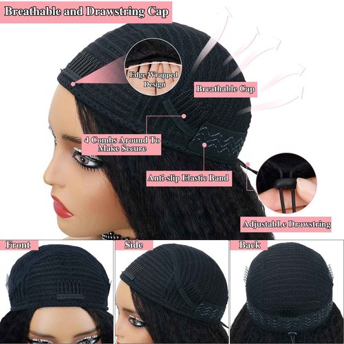 Nvnvdij Kinky Straight Half Wig Human Hair 200% Density Wear Go Glueless Wigs Human Hair 16 Inch Kinky Straight 3 In 1 Half Wigs for Women Drawstring Seamless Flip Headband Wig Beginner Friendly