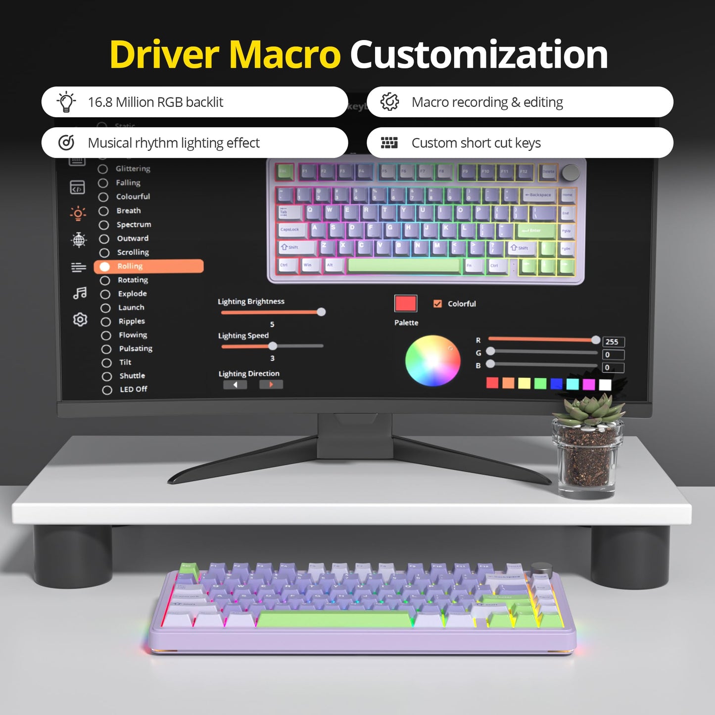 surmen M75 75% Wireless Creamy Keyboard with Gasket, Pre-lubed Triple Mode Bluetooth Mechanical Gaming Keyboard BT5.0/2.4Ghz/USB with Sound Absorbing Pads Hot-Swap(Lavender)