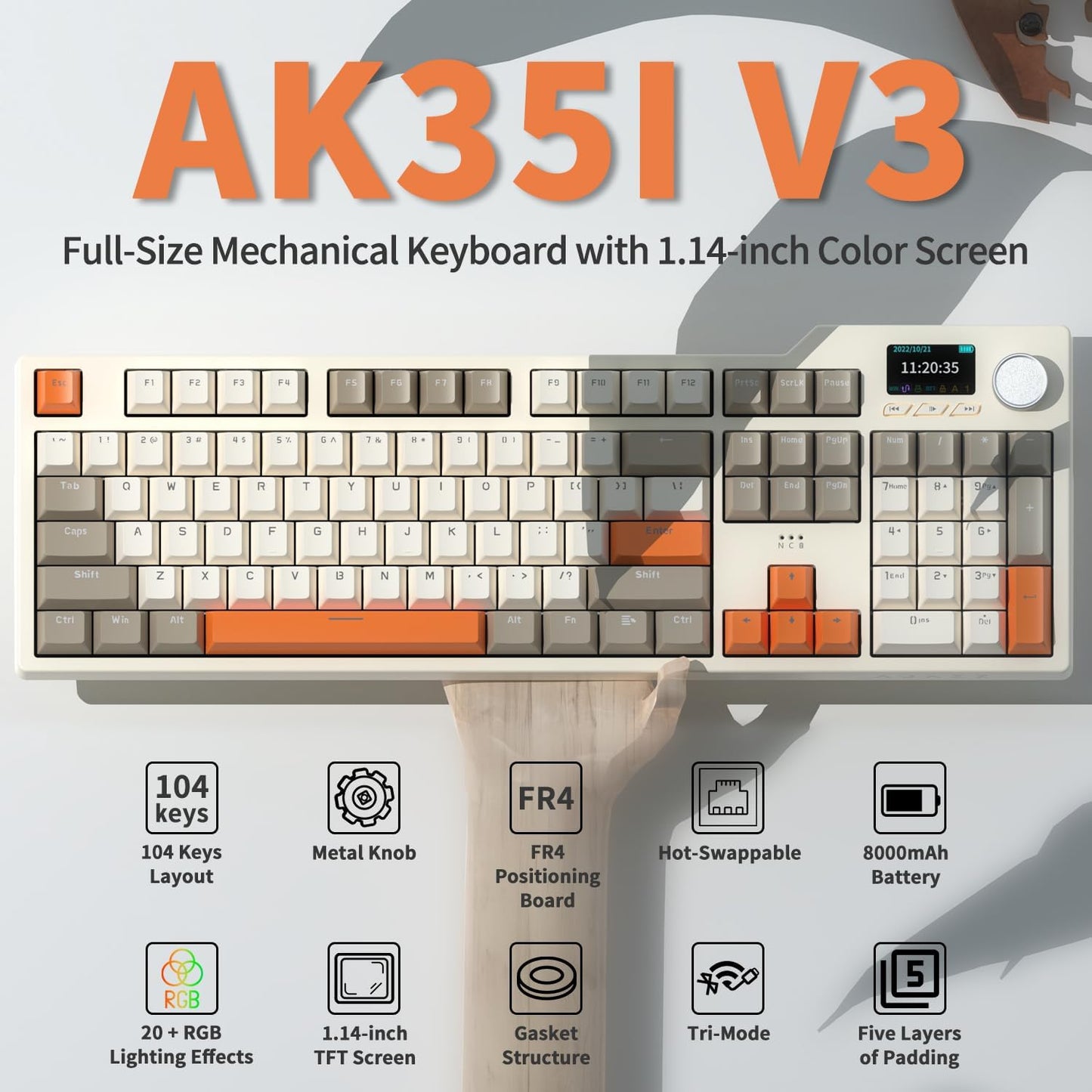 AJAZZ AK35I V3 104-Key Full Size Wired Gasket Mount Gaming Keyboard with Multimedia Buttons & Knob Control | Five Layer Pad | OEM Profile PBT Keycaps | White Backlit Custom Keyboard