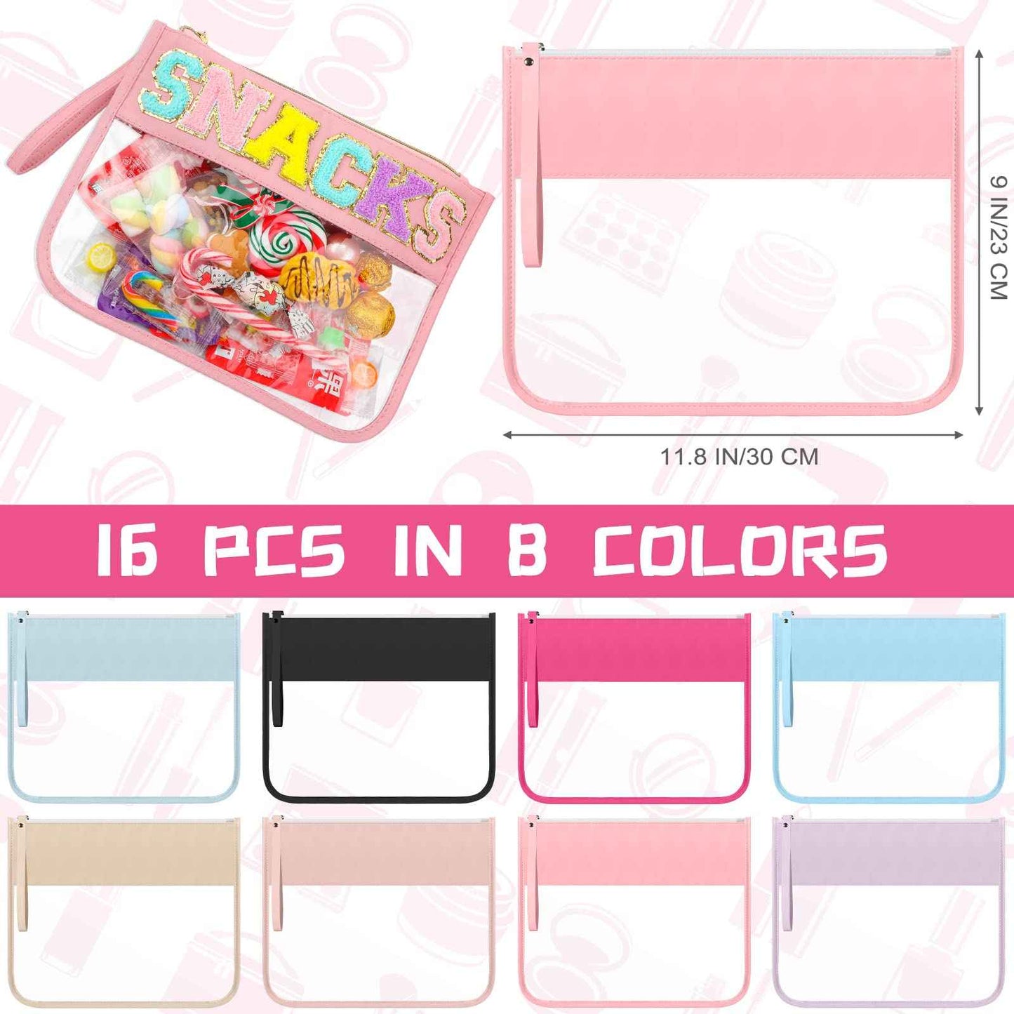 Irenare 16 Pcs Clear Makeup Bag Toiletry Flat Zipper Pouch Preppy Waterproof Clear Cosmetic PVC Pouch with Wristlet Toiletry DIY Chenille Letter Snack Bag for Women(Multi Colors)