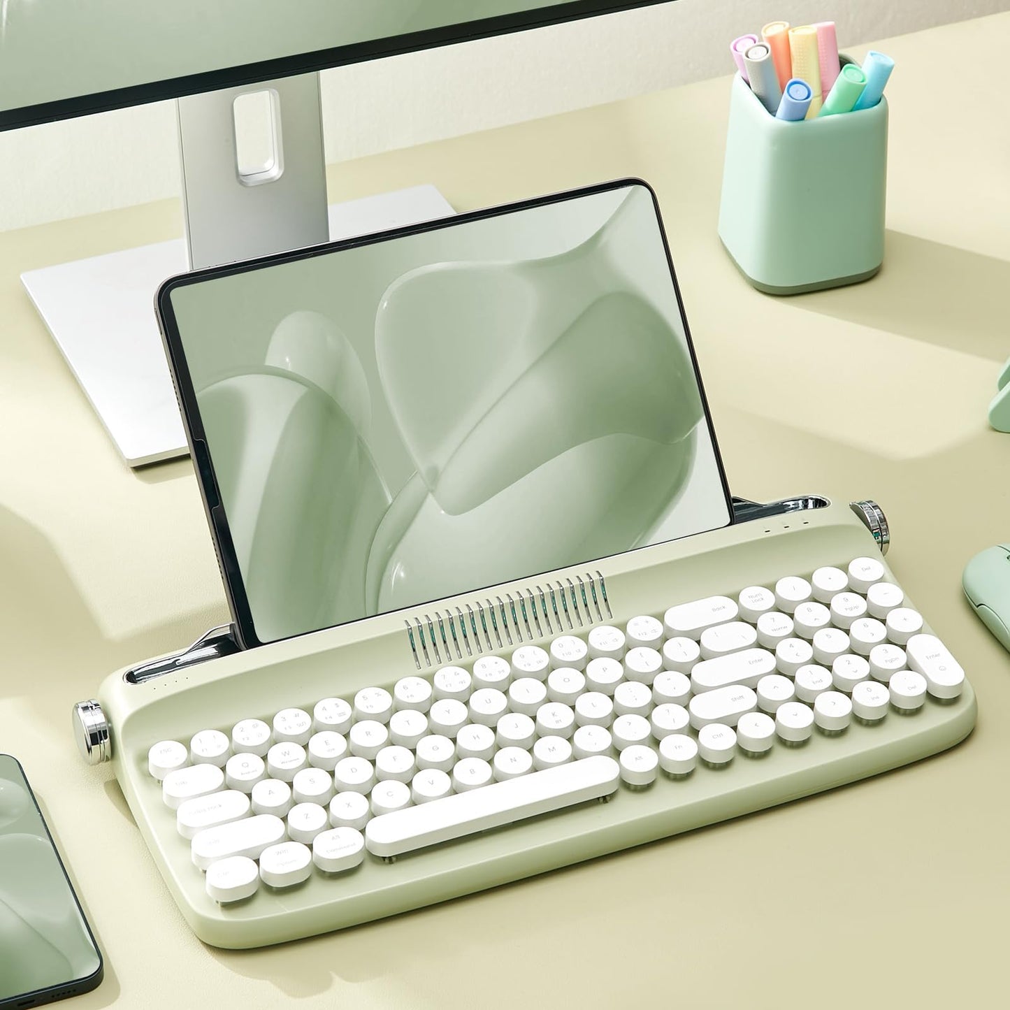 YUNZII Upgraded Wireless Keyboard, Retro Typewriter Style with Integrated Stand, USB-C/Bluetooth with Cute Round Keycaps for Multi Device for Win/Mac (B309, Sweet Mint)