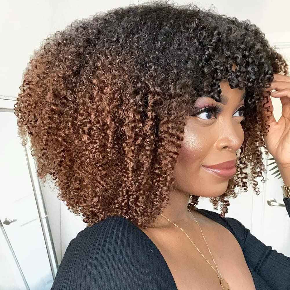 200% Density Ombre Human Hair Wigs Afro Kinky Curly Two Tone Wig With Bangs Brazilian Virgin Human Hair Machine Scalp Top Ombre Bang Wig Glueless For Black Women 14 Inch