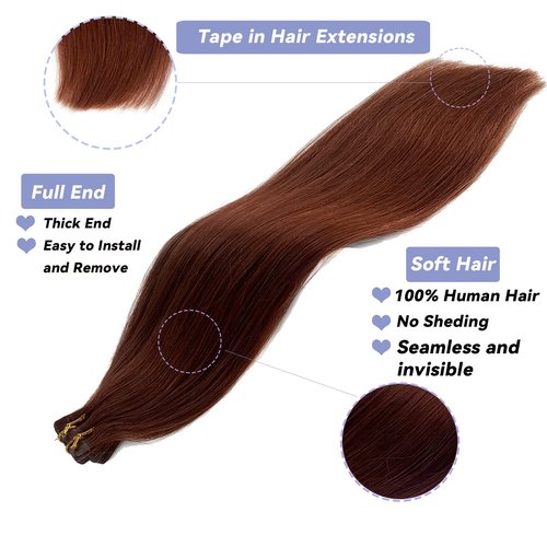 Dark Auburn Remy Tape in Hair Extensions Premium 100% Human Hair with Invisible Tape Attached Semi Permanent Hair Extensions 24Inch Silk Straight Human Hair Extensions 70grams for Girls/Women