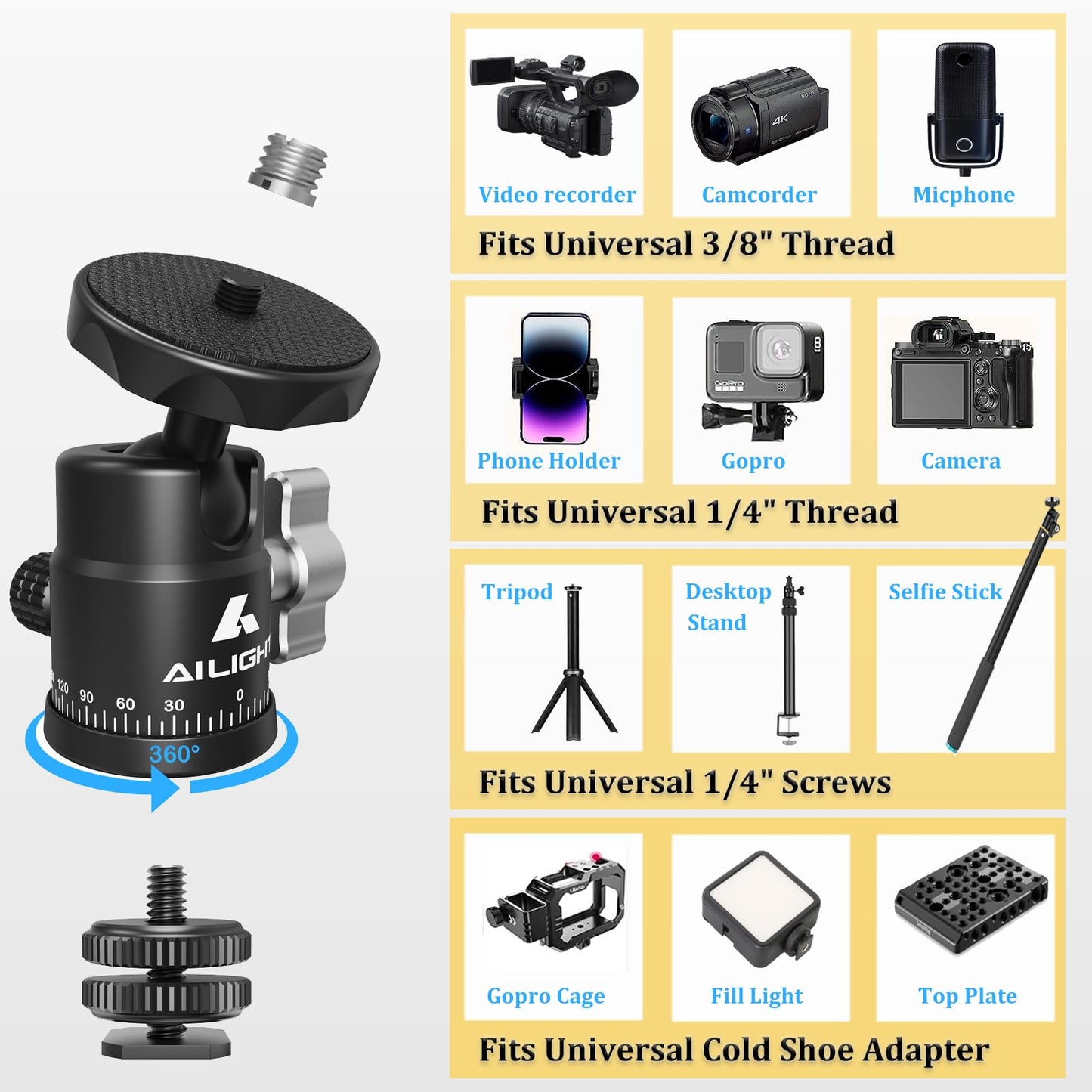 Ailight Mini Ball Head, 360° Panoramic Tripod Head, Universal 1/4" to 3/8" Screw Adapter Swivel Mini Ball Head Screw Tripod Mount, Dual Cold Shoe Mount for DSLR Cameras Camcorder(2 Pack
