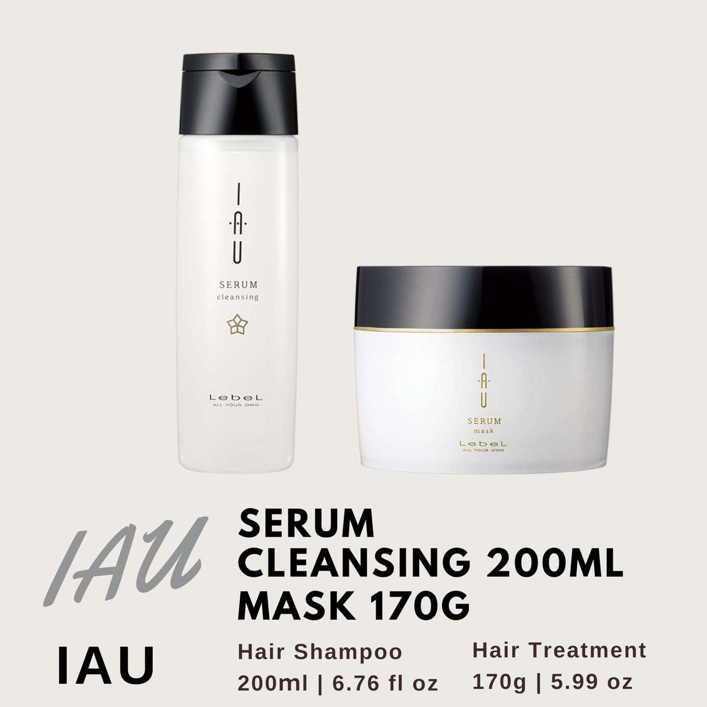 Lebel IAU Serum Cleansing Hair Shampoo 200ml & Lebel IAU Serum Hair Mask 170g Set (Green Tea Set)