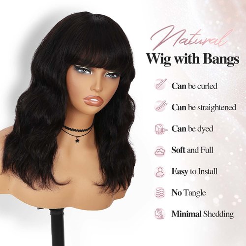 Fancy Hair Natural Wavy Human Hair Wig with Bangs NO Lace Glueless Body Wave Brazilian Virgin Hair Wigs with Bangs for Black Women Natural Black 16 Inch