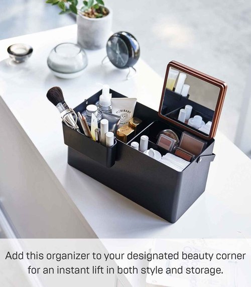 Yamazaki Home Tower Large Makeup Organizer Cosmetic Caddy with Handle Vanity Storage Drawer with Lid - Steel + Wood -, Black