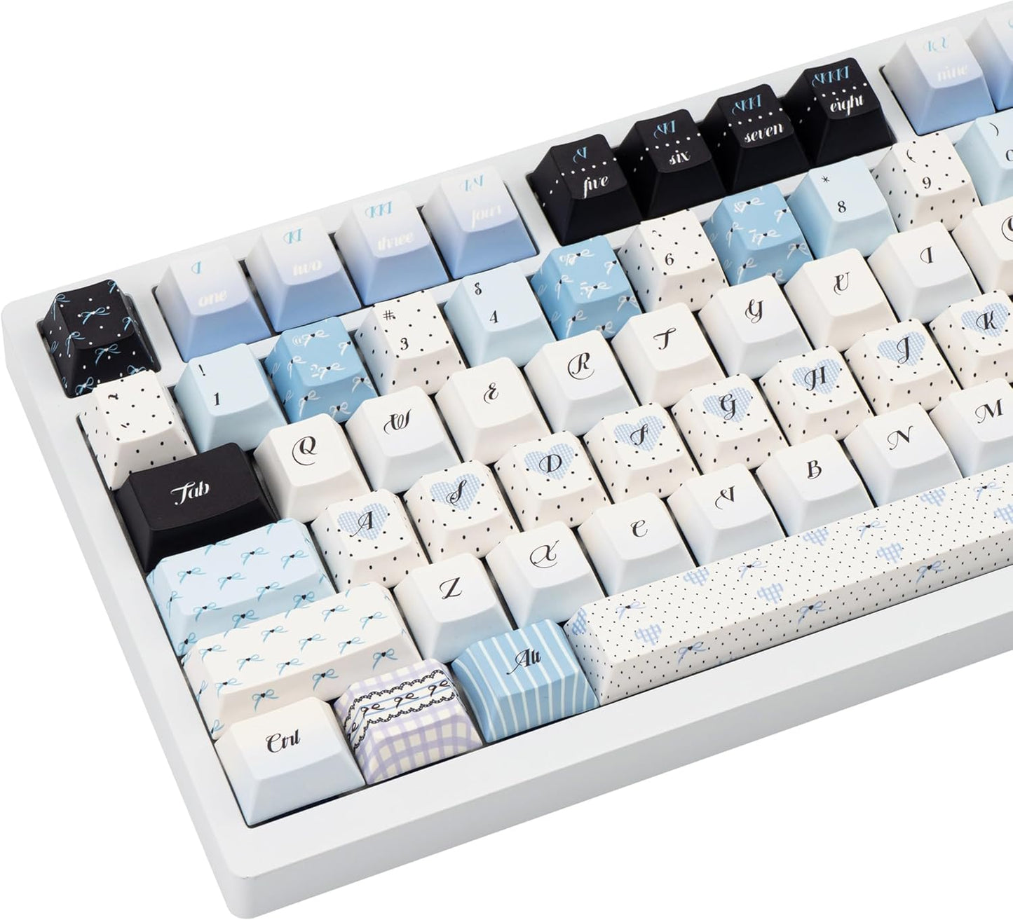 145 Keys PBT Keycap Cherry Profile, Light Blue White Black Bow Aesthetic Dye Sublimation Gaming Custom Keycaps for ANSI/ISO Layout Mechanical Keyboards