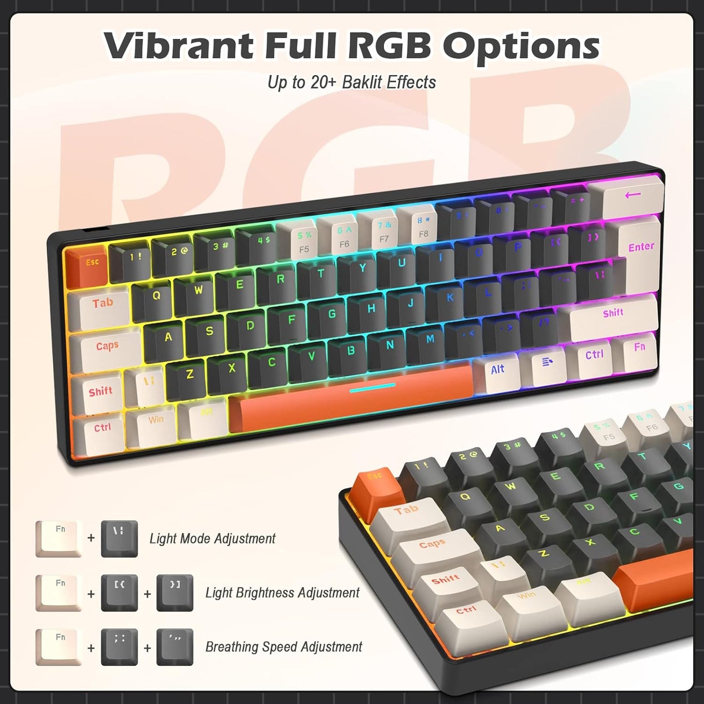 ZIYOU LANG RK-T60 Wired Mechanical Gaming Keyboard Mini Portable with Rainbow Backlit 62Key ABS Keycaps Full Anti-Ghosting Ergonomic Design Coiled Aviator Cable for PS4/PC/WIN Gamer(Blue/Red Switch)