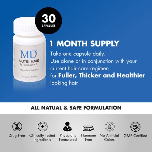 MD Nutri Hair Growth Supplement con biotina (30 cápsulas) | Previene la caída del cabello, minimiza la caída del cabello, el adelgazamiento, la rotura y promueve el cabello más largo y grueso | Formul