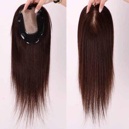 Mysyty Medium Brown Hair Toppers Real Human Hair for Women with Thinning Silk Base Crown Topper No Bangs Clip in Hair Toppers for Women12 Inch #4